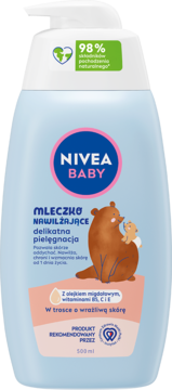 Nivea Baby Mleczko Nawilżające 500ml, niebieska butelka z pompką, przód, z olejkiem migdałowym, dla wrażliwej skóry.