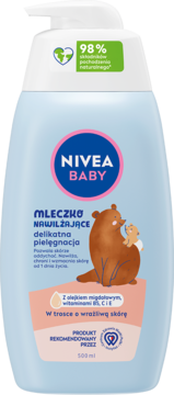 Nivea Baby Mleczko Nawilżające 500ml, niebieska butelka z pompką, przód, z olejkiem migdałowym, dla wrażliwej skóry.