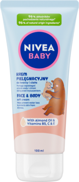 Nivea Baby Krem Pielęgnacyjny Face & Body, jasnoniebieska tubka z misiami, z olejkiem migdałowym i witaminami, 100ml.