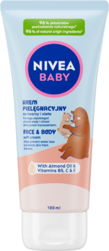 Nivea Baby Krem Pielęgnacyjny Face & Body, jasnoniebieska tubka z misiami, z olejkiem migdałowym i witaminami, 100ml.
