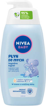 NIVEA BABY Płyn do Mycia Łagodna Kąpiel w błękitnej butelce 450ml z pompką, widok z przodu, z olejem migdałowym.