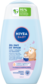 Jasnoniebieski żel NIVEA BABY 2w1 do ciała i włosów z olejkiem migdałowym, widok z przodu, butelka z sowami.
