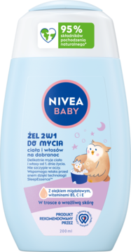 Jasnoniebieski żel NIVEA BABY 2w1 do ciała i włosów z olejkiem migdałowym, widok z przodu, butelka z sowami.