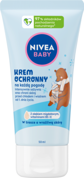 Nivea Baby Krem Ochronny na każdą pogodę, jasnoniebieska tubka z misiami, 50ml, dla wrażliwej skóry.