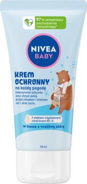 Nivea Baby Krem Ochronny na każdą pogodę, jasnoniebieska tubka z misiami, 50ml, dla wrażliwej skóry.