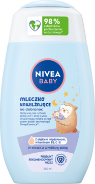 NIVEA BABY Mleczko Nawilżające na dobranoc, błękitna butelka z rysunkiem sów, widok z przodu.