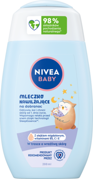 NIVEA BABY Mleczko Nawilżające na dobranoc, błękitna butelka z rysunkiem sów, widok z przodu.