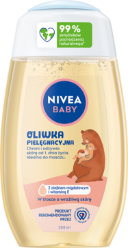 NIVEA BABY oliwka pielęgnacyjna z olejkiem migdałowym i witaminą E, butelka 200ml, widok z przodu.