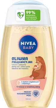NIVEA BABY oliwka pielęgnacyjna z olejkiem migdałowym i witaminą E, butelka 200ml, widok z przodu.