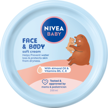Jasnoniebieski słoik NIVEA BABY Face & Body soft cream 200ml z misiami, widok z góry, dla delikatnej skóry.