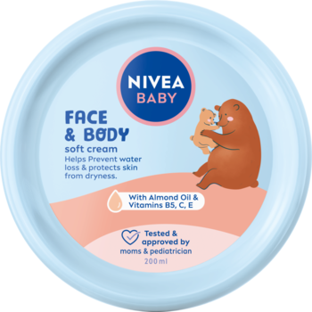 Jasnoniebieski słoik NIVEA BABY Face & Body soft cream 200ml z misiami, widok z góry, dla delikatnej skóry.