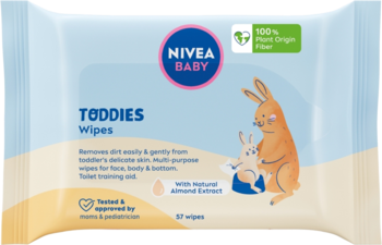 Nivea Baby Toddies Wipes, biała paczka z niebieskim logo, z przodu królik i 100% włókien roślinnych.