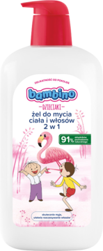 Bambino Dzieciaki Źel do mycia ciała i włosów 2w1 Flaming, biała butelka z różową pompką, widok z przodu.