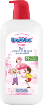 Bambino Dzieciaki 3w1 szampon, żel i płyn do kąpieli dla dzieci, biała butelka z flamingiem, przód.
