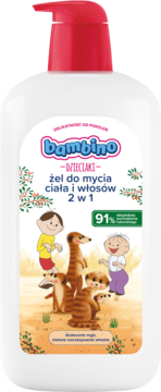 Biała butelka Bambino Dzieciaki żel 2w1 do ciała i włosów, z czerwoną pompką i etykietą z surykatkami.