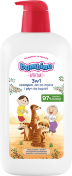 Bambino Dzieciaki 3w1 szampon, żel i płyn do kąpieli 1000ml, biała butelka z czerwoną pompką, etykieta z surykatkami.