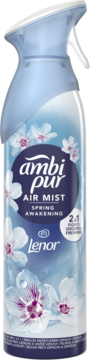 Niebieski odświeżacz powietrza Ambi Pur Air Mist Lenor Spring Awakening w sprayu, butelka z białymi kwiatami.