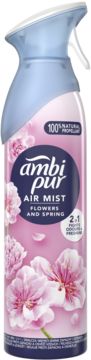 Ambi Pur Air Mist Flowers & Spring, różowo-niebieski odświeżacz w sprayu, z naturalnym gazem, widok z przodu.