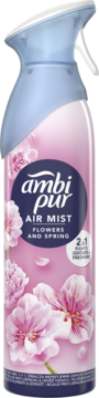 Ambi Pur Air Mist Flowers & Spring, różowy odświeżacz powietrza w ergonomicznym sprayu z niebieskim aplikatorem.