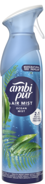 Ambi Pur Air Mist Ocean Mist, niebieski odświeżacz powietrza w sprayu, widok z przodu, z liśćmi paproci.