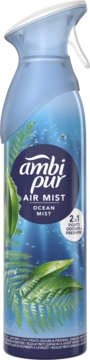 Ambi Pur Air Mist Ocean Mist odświeżacz powietrza w niebieskiej butelce z białym spryskiwaczem, dekoracją morskich liści.