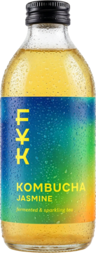 Forever Young Kombucha Jasmine, butelka z żółtym napojem i kroplami, etykieta F¥K z napisem KOMBUCHA JASMINE.
