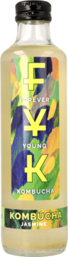 Szklana butelka Forever Young Kombucha Jasmine, z kolorową etykietą F Y K i czarną zakrętką, widok z przodu.