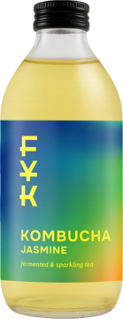 Forever Young Kombucha Jasmine, szklana butelka z żółtym napojem, kolorowa etykieta F¥K, widok z przodu.