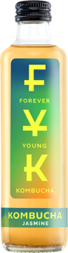 Butelka Forever Young Kombucha Jasmine, bursztynowy napój, żółte logo na etykiecie z gradientem zieleni i błękitu.