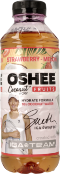 Butelka Oshee Coconut+ Fruits Strawberry-Melon, Hydrate Formula z 10% wodą kokosową, z wizerunkiem Igi Świątek.