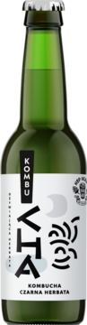 Zielona butelka AleBrowar Kombucha Czarna Herbata, biała etykieta z czarnym napisem KHA i księżycem, widok z przodu.