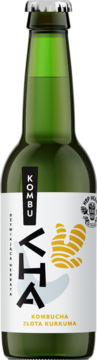 Zielona szklana butelka AleBrowar Kombucha Złota Kurkuma, widok z przodu, biała etykieta z korzeniem kurkumy.