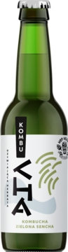 AleBrowar Kombucha Zielona Sencha w zielonej butelce z białą etykietą, widok z przodu. Napój fermentowanej herbaty.