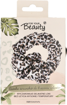 Puszysta gumka scrunchie w leopardzi wzór do kręcenia włosów bez ciepła, w kremowym opakowaniu Rossmann. Widok z przodu.
