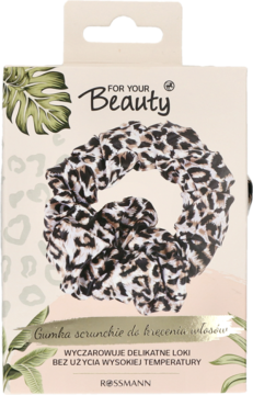 Puszysta gumka scrunchie w leopardzi wzór do kręcenia włosów bez ciepła, w kremowym opakowaniu Rossmann. Widok z przodu.