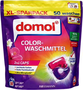 Domol Color-Waschmittel 2in1 Caps, fioletowa torebka 50 prań, z widocznymi różowo-fioletowymi kapsułkami.