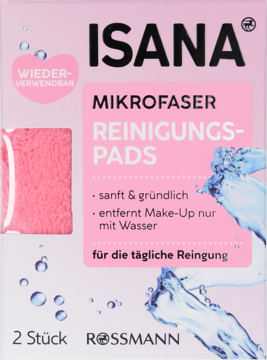 Isana Mikrofaser Reinigungs-Pads, różowe opakowanie, 2 sztuki myjek do demakijażu wodą, widok z przodu.