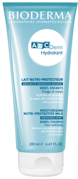 Bioderma ABCDerm Hydratant, nawilżające mleczko dla dzieci 200 ml, w jasnoniebieskiej tubce, widok z przodu.