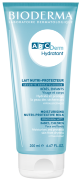 Bioderma ABCDerm Hydratant, nawilżające mleczko dla dzieci 200 ml, w jasnoniebieskiej tubce, widok z przodu.