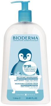 Bioderma ABCDerm Cold-Cream, krem myjący dla dzieci, biała butelka z niebieskim dozownikiem, widok z przodu.