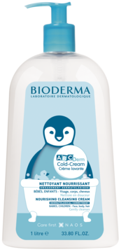 Bioderma ABCDerm Cold-Cream, krem myjący dla dzieci, biała butelka z niebieskim dozownikiem, widok z przodu.