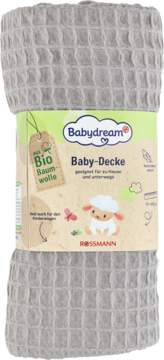 Szary kocyk dziecięcy Babydream z organicznej bawełny, wzór wafla, zwinięty z widoczną etykietą.