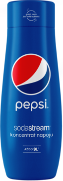 Niebieski koncentrat napoju Pepsi SodaStream, butelka z logo i tekstem 'AZ DO 9L', widok frontalny.