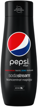 Czarna, ergonomiczna butelka koncentratu SodaStream Pepsi Max Zero Sugar 440ml, na 9L napoju, widok z przodu.
