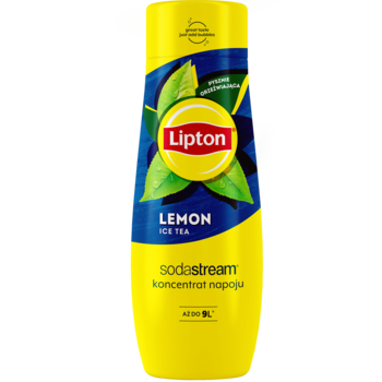 Żółty koncentrat SodaStream Lipton Ice Tea Lemon, butelka z niebiesko-zieloną etykietą, widok z przodu.