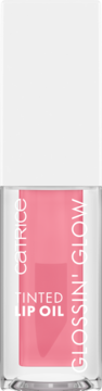 Catrice Glossin' Glow Tinted Lip Oil w przezroczystej butelce z różowym płynem, pionowy widok z przodu.