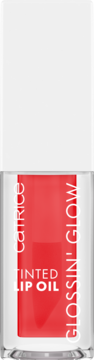 Catrice Glossin' Glow Tinted Lip Oil w przezroczystej butelce, czerwony płyn, biała zakrętka, widok z przodu.