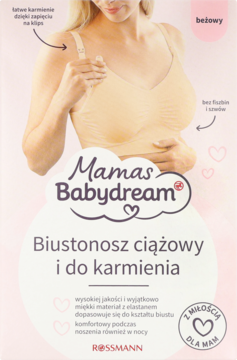 Beżowy biustonosz ciążowy i do karmienia Mamas Babydream w opakowaniu z modelką, bez fiszbin.