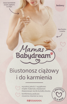 Beżowy biustonosz ciążowy i do karmienia Mamas Babydream na modelce. Bezszwowy, z miękkiego materiału.