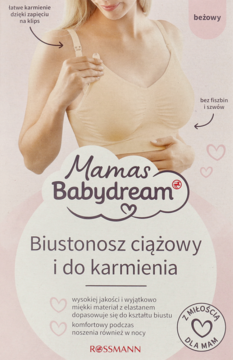 Beżowy biustonosz laktacyjny Mamas Babydream, bezszwowy. Kobieta na opakowaniu pokazuje łatwe rozpinanie klipsem.